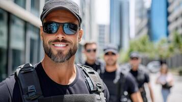A man in a black shirt and sunglasses is smiling photo