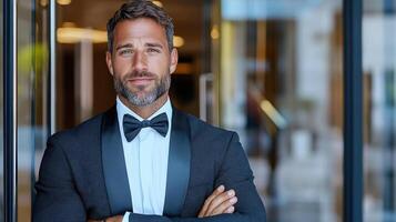 A man in a tuxedo standing in front of a glass door photo