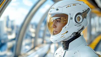 A woman in a futuristic suit looking out the window photo