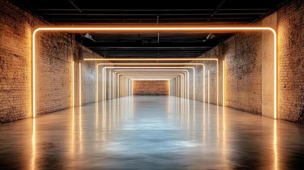 An empty hallway with neon lights photo
