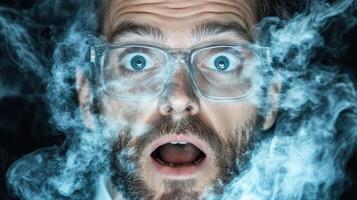 A man with glasses and a beard is making a face photo