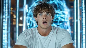 A man with a shocked expression in front of a screen photo