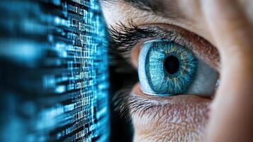 A person's eye is looking at a computer screen photo