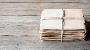 Stack of old books tied with twine on wooden table photo