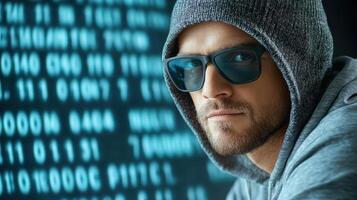 A man in a hoodie and sunglasses is looking at a computer screen photo