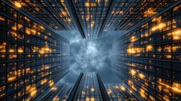 The sky is filled with lights in the middle of a city photo