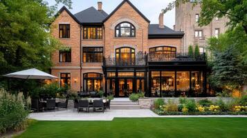 A large brick home with a patio and lawn photo