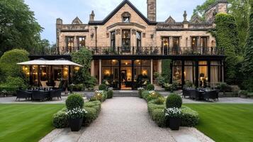 The front of a large mansion with a garden and lawn photo