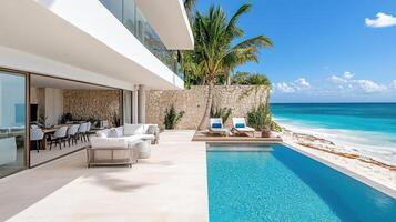 A large pool and patio area overlooking the ocean photo