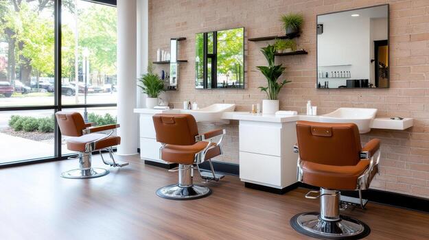 A salon with two chairs and mirrors photo