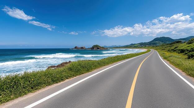 un largo vacío la carretera con un azul Oceano en el antecedentes foto