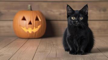 A black cat sitting in front of a pumpkin photo