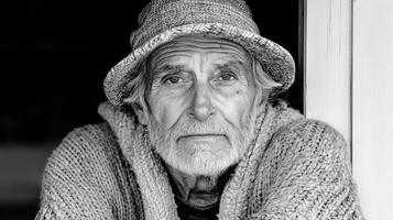 An old man wearing a hat and sweater photo