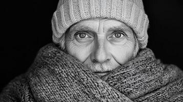 An old man wrapped in a blanket photo