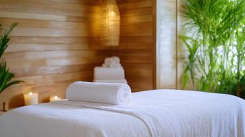 A massage table with towels and candles photo