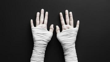 Two hands wrapped in white bandages on a black background photo