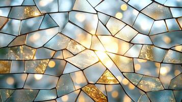 A broken stained glass window with the sun shining through photo
