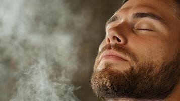 A man with his eyes closed and smoke coming out of his mouth photo