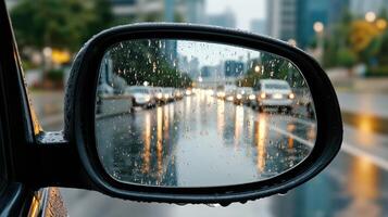 A car's rear view mirror is reflected in the rain photo