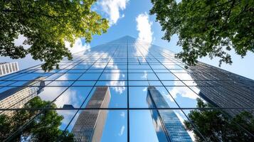 A view of a tall building with trees in front photo