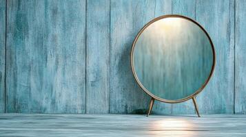 A round mirror is sitting on a wooden floor photo