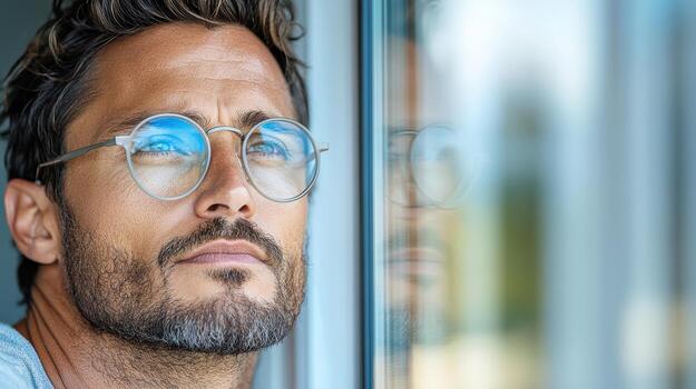 A man with glasses looking out the window photo