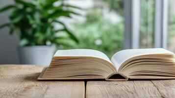 Open book on wooden table with potted plant photo