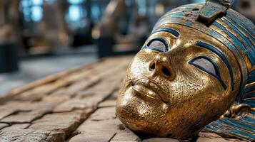 An egyptian mask laying on the ground photo