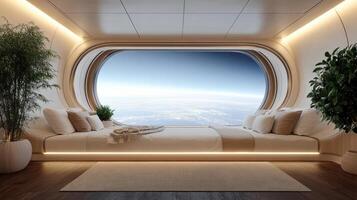 A bedroom with a window looking out to the earth photo
