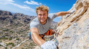 A man is climbing a mountain with his hands on the rope photo
