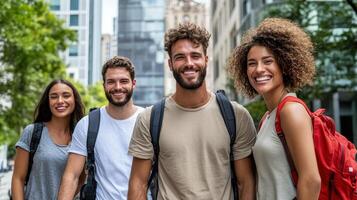 Group of young people smiling in the city photo