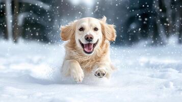 A golden retriever running through the snow photo