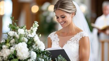 A bride reading her vows at her wedding photo