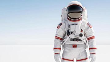 An astronaut in a white suit standing in front of a blue sky photo