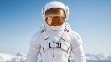 An astronaut in space suit standing on a mountain photo