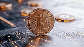 Bitcoin on a circuit board with lights photo