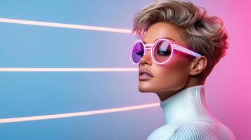 A woman wearing sunglasses and a white sweater photo