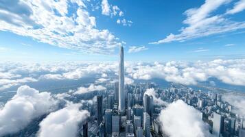 A tall skyscraper is surrounded by clouds photo