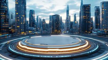 A futuristic cityscape with a circular structure in the middle photo