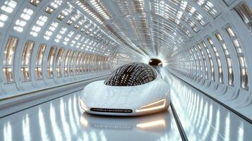 A futuristic car is driving through a tunnel photo