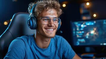 A man wearing headphones and a headset is smiling photo