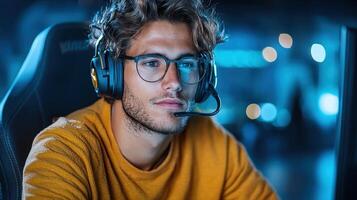 A man wearing glasses and a headset is sitting in a chair photo