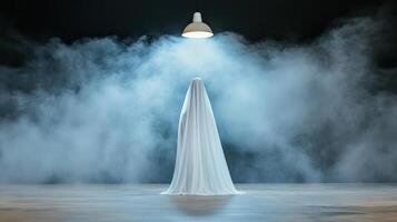 A white sheet is standing in front of a light photo