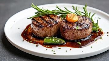 Grilled beef steak with vegetables and herbs on a white plate photo