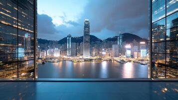 Hong kong skyline view from inside a glass building photo
