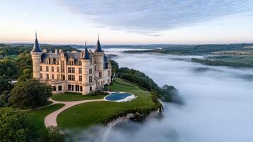 A castle sits on top of a hill surrounded by fog photo