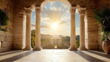 An archway with columns and a sun shining through photo