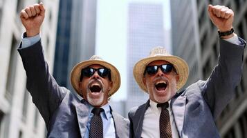 Two men in suits and hats with their arms raised photo