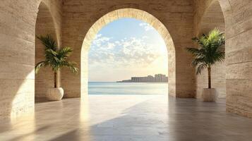 An archway leads to a room with palm trees photo