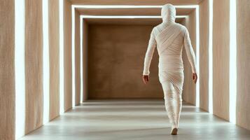 A person in a white dress walking through a hallway photo